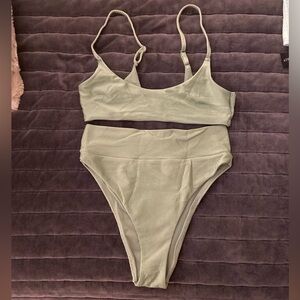 Sage Green High Cut High Waisted Ribbed Shine Bikini Set